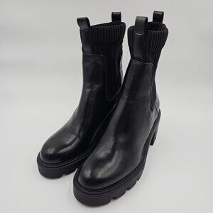 Zara Black Faux Leather Chelsea Boots Lug Sole Ribbed Sock Style Women's Size 39